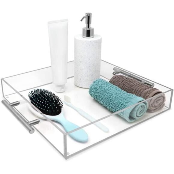 Clear Acrylic Serving Tray (12x12) with Silver Metal Handles, Spill-Proof - Picture 4 of 8